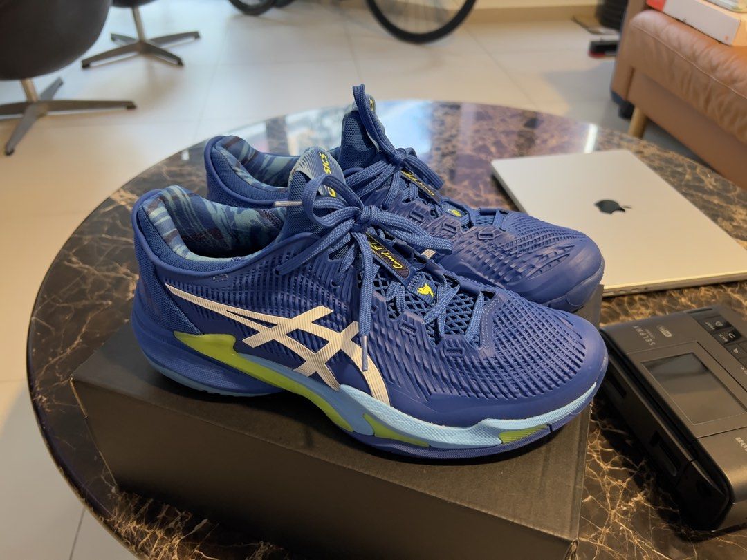 ASICS Court FF 3 'Novak Pack - Tuna Blue' (Category: Sneakers) located in Singapore. Submitted by noumena (Listing ID 1434483826, Image 2). Description: Bought last year from Asics site, only worn once to try Tennis but did not continue the sport. Special collab with Novak Djokovic, current market price is 329SGD on Novelship for this size. Condition is as good as new..