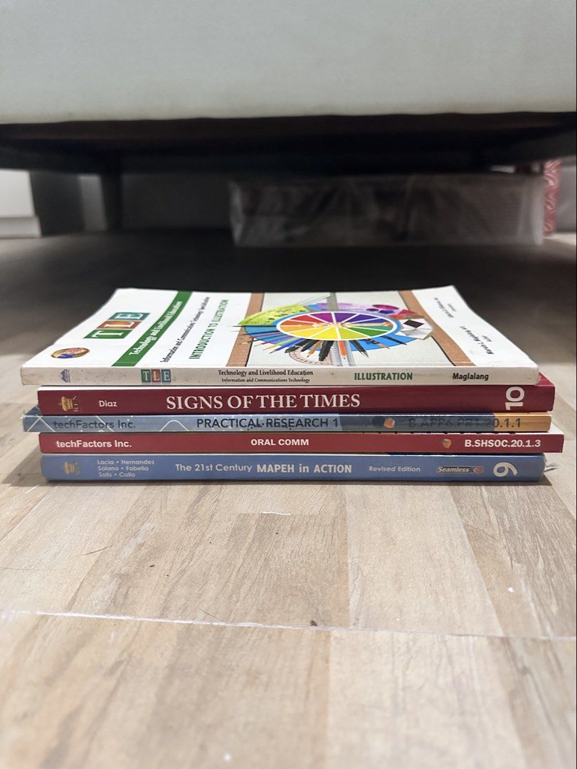 [BUNDLE 5] Preloved SHS & High School Books (Category: Textbooks) located in Las Pinas. Submitted by beachfairy (Listing ID 1434535648, Image 1). Description: PRELOVED!!! please manage expectations and read further about the condition of each book. Per piece: 130 Take all: 450 AVAILABLE BOOKS AND THEIR CONDITION: ✅ TLE Introduction to Illustration (needs dusting/wiping) ✅ Signs of the Times (very minimal highlights) ✅ Practical Research (has plas