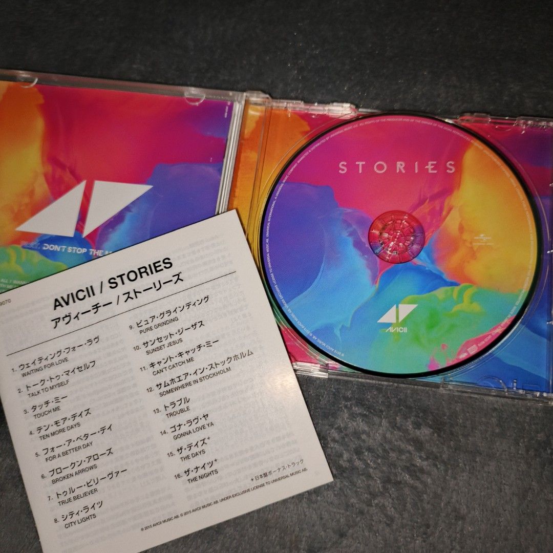 Avicii CD - Stories (Japan Press) (Category: CDs & DVDs) located in Marikina City. Submitted by kohkicollectibles (Listing ID 1434576735, Image 2). Description: Location: Marikina City Condition: 9/10 (Unsealed) *with free 3 pcs CD plastic sleeves Made in Japan MOP: GCASH/PAYMAYA MOD: LALAMOVE/JNT.