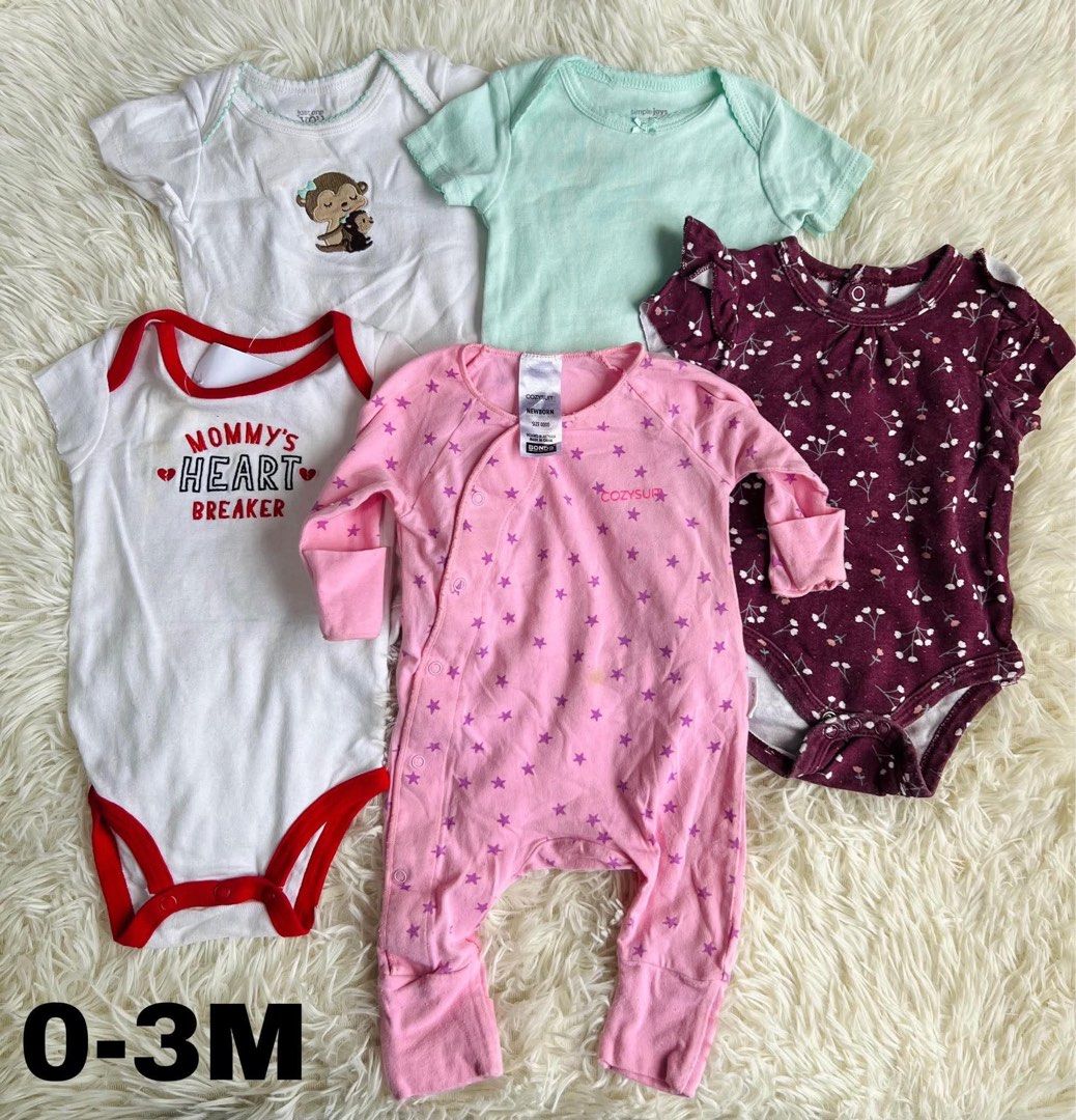 Baby Bodysuits and Jumpsuit 0-3M (Category: Babies & Kids Fashion) located in General Trias. Submitted by gingerthepoodle (Listing ID 1434428909, Image 1). Description: - Baby clothes bundle, size 0-3 months. - Includes: - White bodysuit with monkey print - Mint green bodysuit - Burgundy floral bodysuit - White bodysuit with "Mommy's Heart Breaker" print - Pink star-patterned jumpsuit.