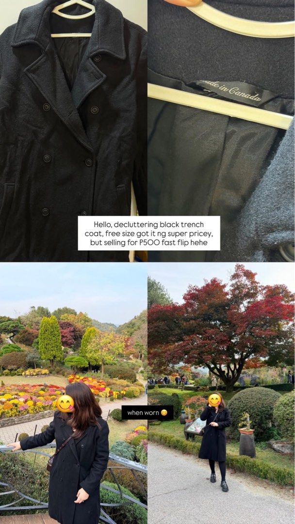 Black Trench Coat - Free Size (Category: Coats, Jackets and Outerwear) located in Makati City. Submitted by anndly (Listing ID 1434485391, Image 1). Description: - Black trench coat - Free size - Double-breasted design - Made in Canada - Versatile for various occasions - Selling for P500.