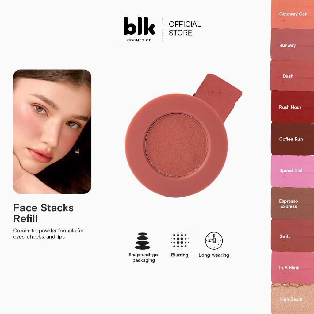BLK Cosmetics Face Stacks Refill (Category: Makeup) located in Santa Rosa. Submitted by BerrieBlossom (Listing ID 1434529970, Image 1). Description: - BLK Cosmetics Face Stacks Refill: Multi-use cream-to-powder color for eyes, cheeks, and lips. - Features snap-and-go packaging. - Provides a blurring effect and long-wearing finish. - Available in 10 versatile shades, mix and match! - Cruelty-free and vegan. - Formulated without parabens, phthalate