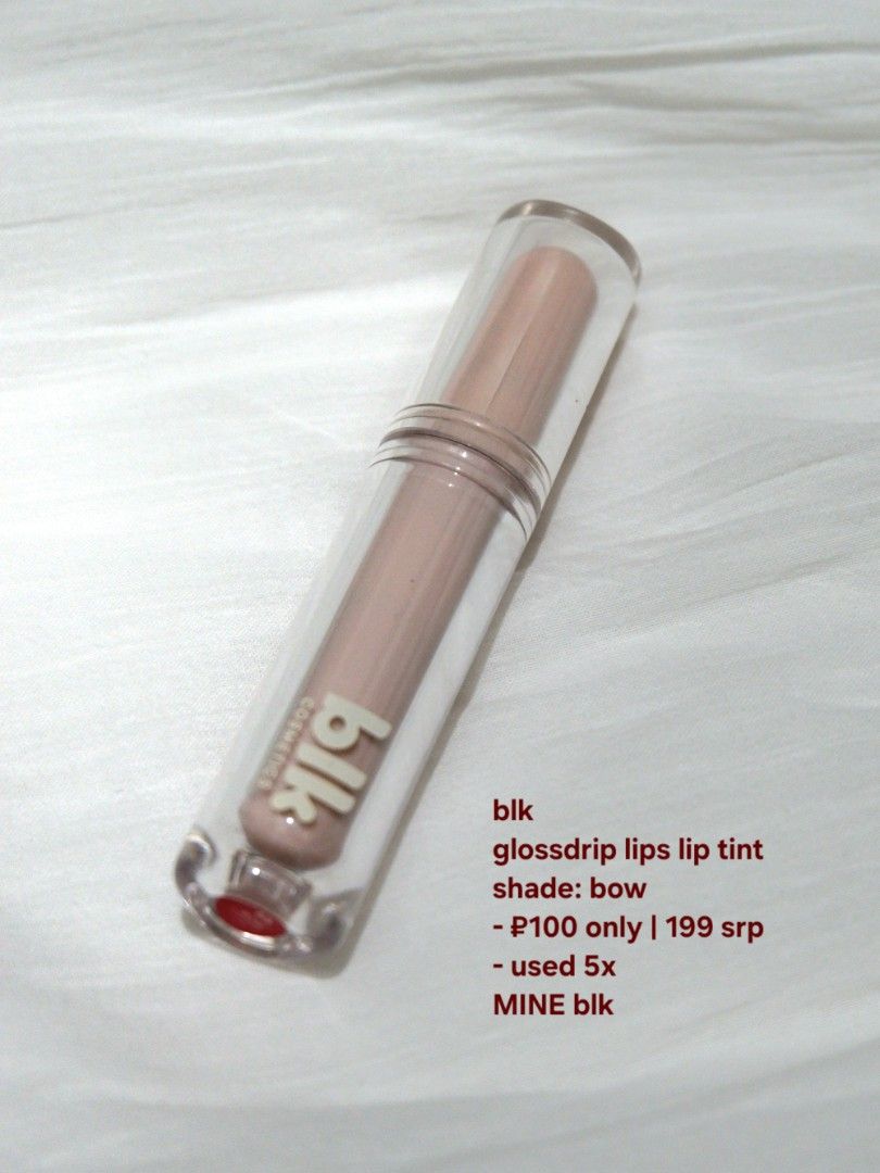 blk glossdrip lips lip tint (Category: Makeup) located in Manila. Submitted by strwbrryluv.shop (Listing ID 1434559640, Image 1). Description: blk glossdrip lips lip tint - shade: bow - used 5x - selling price: ₽100 - original price: ₽199.