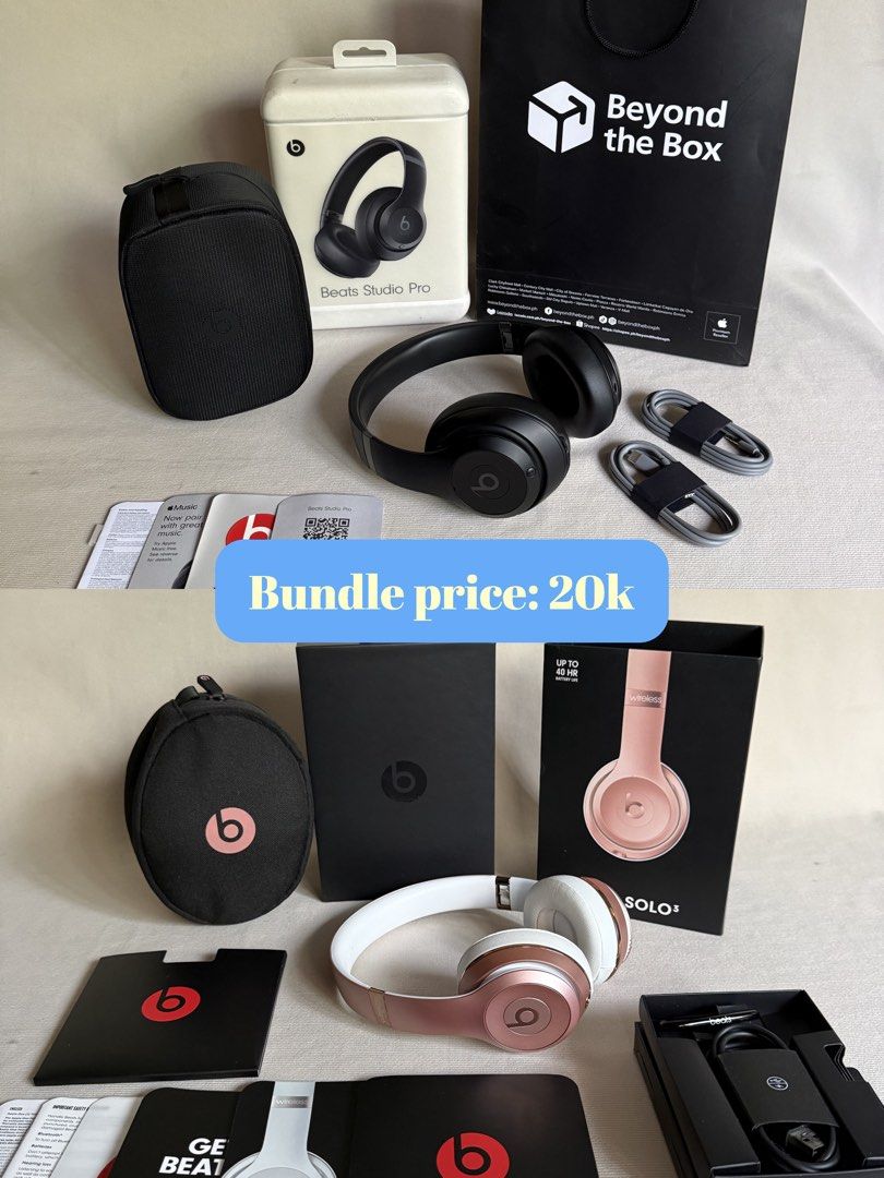 BUNDLE SALE! Beats Studio Pro + Beats Solo3 (Category: Headphones & Headsets) located in Mabalacat. Submitted by lkp99 (Listing ID 1434479381, Image 1). Description: THIS IS A BUNDLE PRICE, NO MORE HAGGLING ‼️ Take time to read description, PLEASE. Beats Studio Pro Wireless Headphones — Black Beats Studio Pro Wireless Headphones — Black Used - Like New, pristine condition Retails at ₱18,990.00 (bought last year) What’s included: Beats Studio Pro 