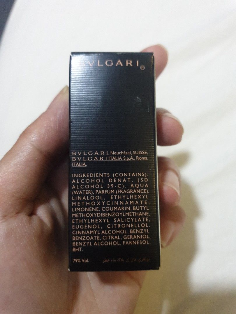 Bvlgari Man in Black Eau de Parfum 5ml (Category: Fragrance & Deodorants) located in Valenzuela. Submitted by roxie018 (Listing ID 1434444082, Image 2). Description: - Bvlgari Man in Black Eau de Parfum - 5ml bottle - New, in original box - Box includes ingredients and details - Small, rectangular glass bottle - Black cap - Black box with gold lettering.