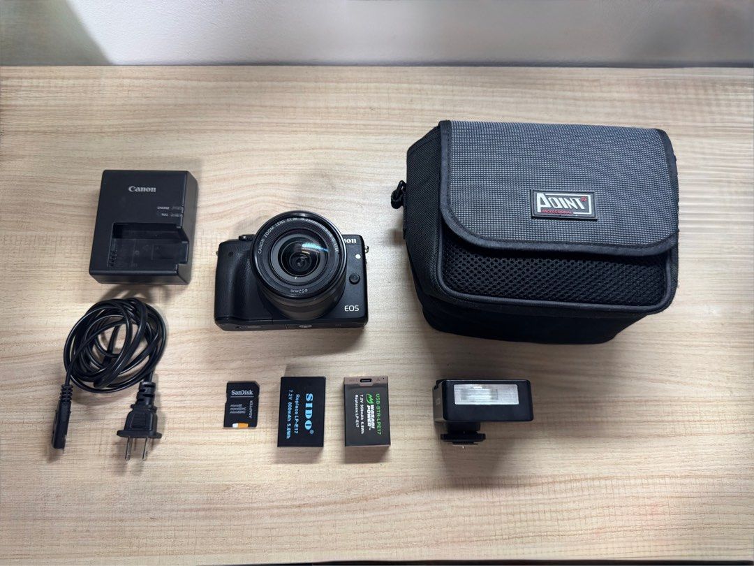 Canon EOS M3 with EF-M 18-55mm lens (Category: Cameras) located in Quezon City. Submitted by page.siza (Listing ID 1434544133, Image 1). Description: Canon EOS M3 camera (black body) - Ready to use - Wi-Fi enabled - Flip Out LCD Screen -Good for Beginners and Enthusiasts -Perfect for Travel, if you want something thats not too heavy nor too light - Sample Shots on last slides -Similiar to G7X but bulkier and interchangeable lens Inclusions: - Cam