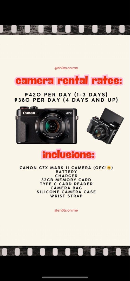 CANON G7x Mii FOR RENT (Category: Cameras) located in Taguig. Submitted by bottoms.up.diaries (Listing ID 1434421660, Image 1). Description: Hi! message me here but more responsive bia SMS/ G.I LOC: Vito Cruz Taft/ QC!🌟.