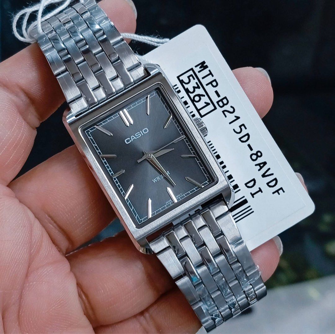 Casio Tank MTP-B215D-8A (Category: Luxury Watches) located in Manila. Submitted by seikowatchfactory (Listing ID 1434448686, Image 1). Description: BNIB 10/10 Model: MTP-B215D-8A Price: 3495 pesos Specifications: Case Size: 39.7 x 26 x 7.9mm Weight: 83g Case and bezel material: Stainless Steel Stainless Steel Band One-touch 3-fold clasp 50-meter Water Resistance Approx. battery life: 3 years on SR626SW Mineral glass Spherical glass Regular timeke