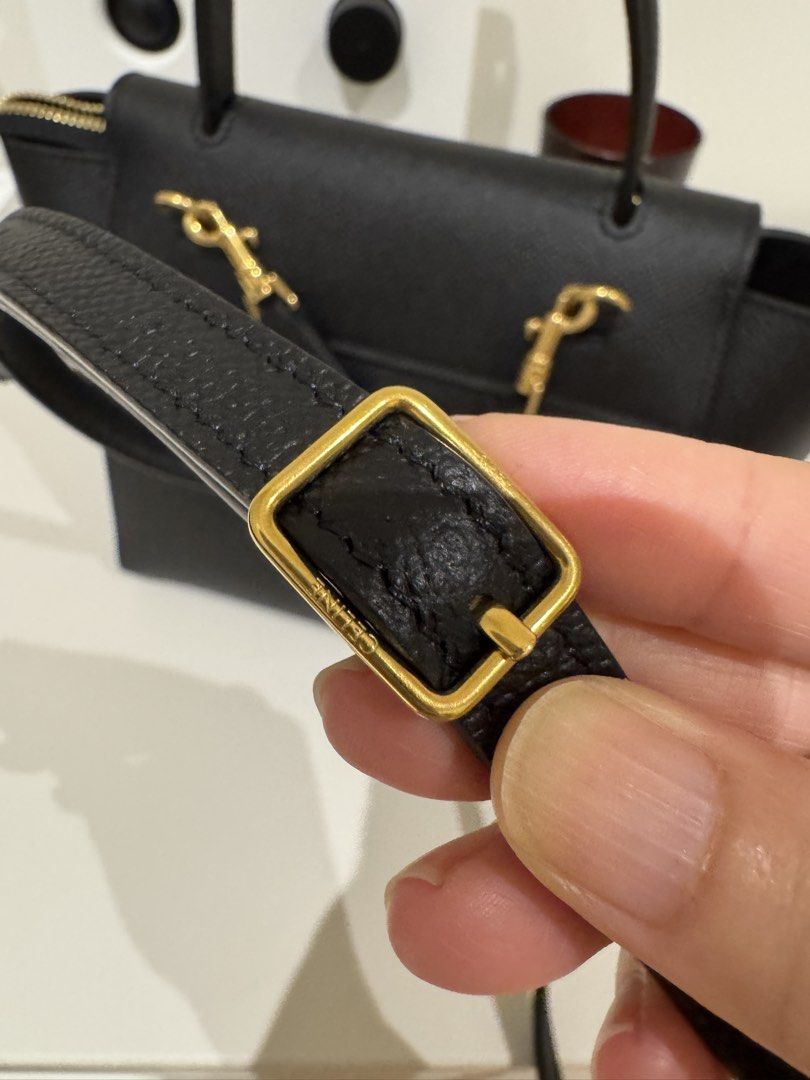 Celine Nano Belt Bag - Pristine condition & full set (Category: Bags & Wallets) located in Kuala Lumpur. Submitted by eshiang (Listing ID 1434519374, Image 3). Description: - Authentic Celine Belt Bag - Color: Black - Bought in New Jersey, US (Nov 2025) - Hardware: Gold-tone - Features: - Top handle - Detachable shoulder strap - Interior zipped pocket - Flap closure with knot detail - Zipper closure - Interior lined with soft material - Comes in 