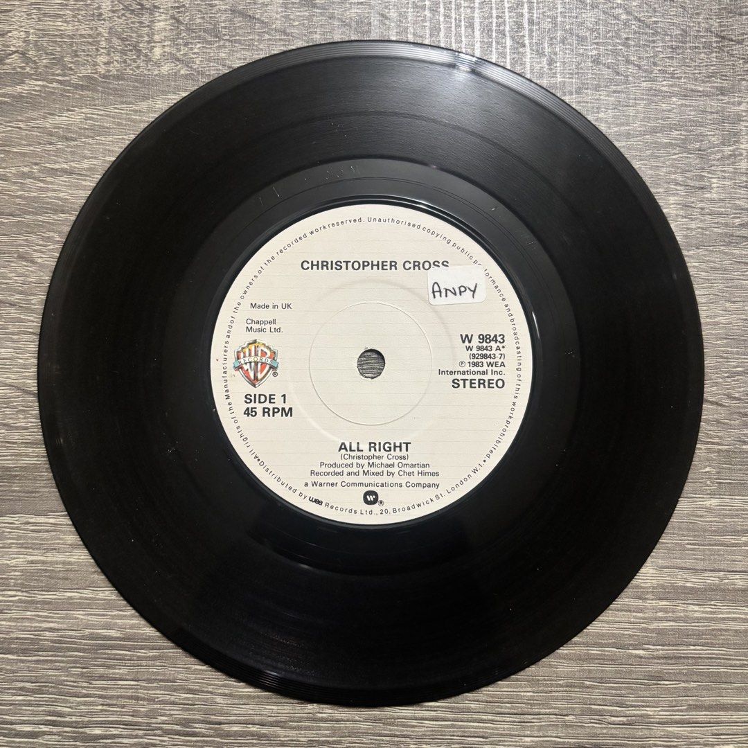 Christopher Cross - All Right 7" Vinyl (Category: Vinyls) located in Quezon City. Submitted by pinkskies_media (Listing ID 1434488905, Image 3). Description: BAWAL SA MAARTE USED ITEM, HINDI BAGO 7" vinyl Import from UK Not tested dahil wala akong player IMPORTANT: Manage your expectations since this is a pre-loved item Sleeves NOT in mint condition - may dents, crease or butas Please see pictures for the actual condition.