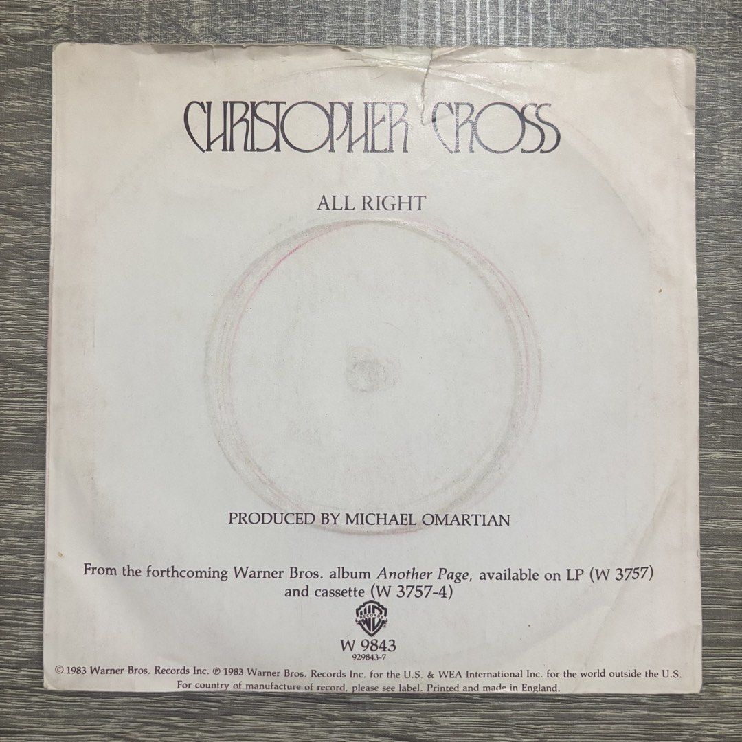 Christopher Cross - All Right 7" Vinyl (Category: Vinyls) located in Quezon City. Submitted by pinkskies_media (Listing ID 1434488905, Image 2). Description: BAWAL SA MAARTE USED ITEM, HINDI BAGO 7" vinyl Import from UK Not tested dahil wala akong player IMPORTANT: Manage your expectations since this is a pre-loved item Sleeves NOT in mint condition - may dents, crease or butas Please see pictures for the actual condition.