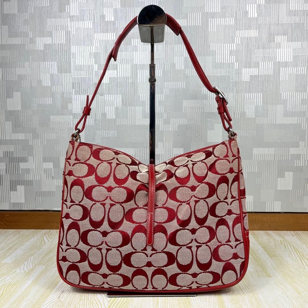 COACH Authentic Signature Soft Clip Hobo Bag Red Canvas Vintage 