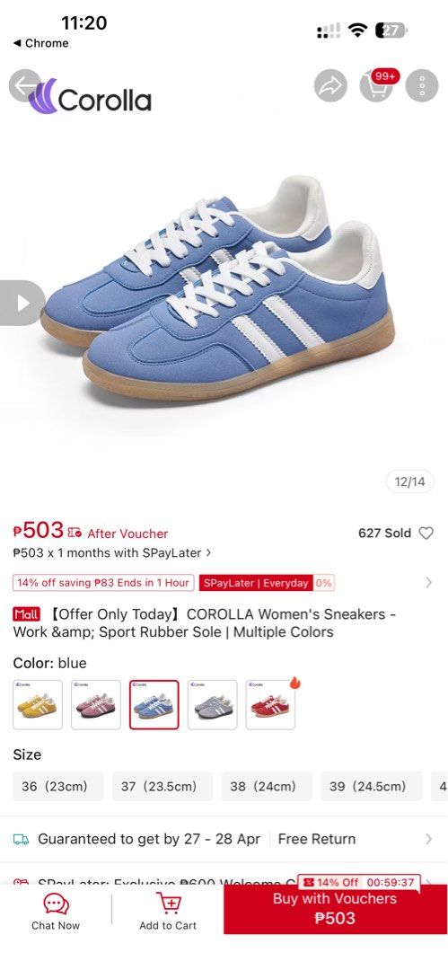 COROLLA Women's Sneakers - Blue (Category: Sneakers) located in Mabalacat. Submitted by yamdevilles (Listing ID 1434411832, Image 1). Description: - COROLLA Women's Sneakers - Color: Blue - Sole: Sport rubber, brown color - Design: White stripe and laces - Sizes Available: - 36 (23cm) - 37 (23.5cm) - 38 (24cm) - 39 (24.5cm).