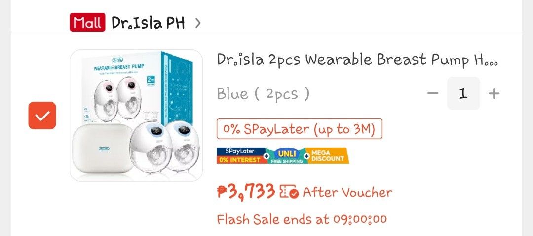 Dr. Isla 2pcs Wearable Breast Pump (Category: Breastfeeding & Bottle Feeding) located in Cavite. Submitted by great_stuffsph (Listing ID 1434389919, Image 2). Description: - Dr. Isla 2pcs Wearable Breast Pump - Hands-free and fully automatic - Includes two pumps - Comes with a carrying case and other accessories - Color: White - Original Price: ₱3,733 (after voucher).