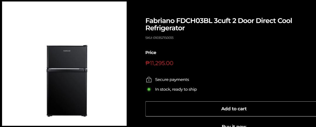 Fabriano Double Door Bar Fridge (Category: Refrigerators and Freezers) located in Caloocan City. Submitted by charlie232a66 (Listing ID 1434463687, Image 3). Description: BRAND NEW, pictures are for references only. All items are sealed and has not yet been opened. SRP: 7,699 Model No: FTMG03-BL Important notes: Product dimensions with-out handle (W / D / H) = 486*536*833 mm.