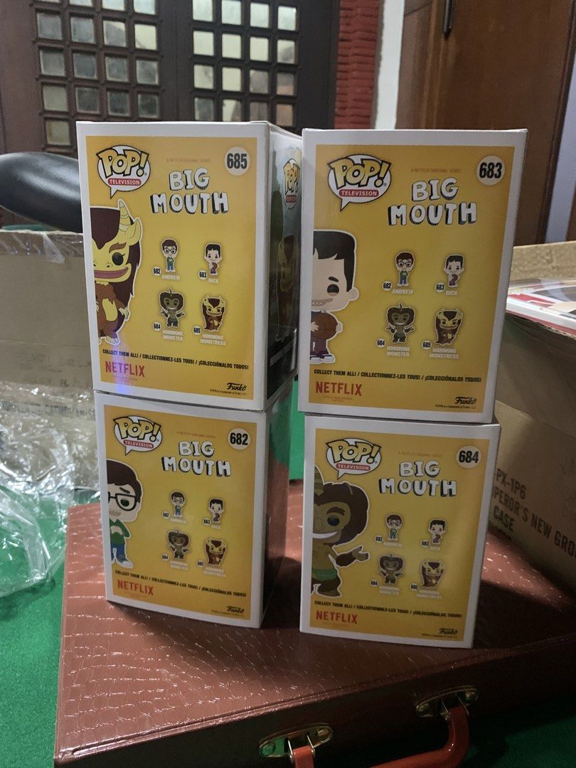 Funko Pop! Big Mouth Vinyl Figures (Category: Designer & Blind Box Toys) located in Manila. Submitted by robertzombie (Listing ID 1434494060, Image 3). Description: - Set of four Big Mouth Funko Pop! figures. - Includes: Hormone Monstress (685), Nick (683), Andrew (682), and Hormone Monster (684). - Each figure is in its original packaging. - Perfect for Big Mouth fans and collectors. - Great for display. 09153896941f1.