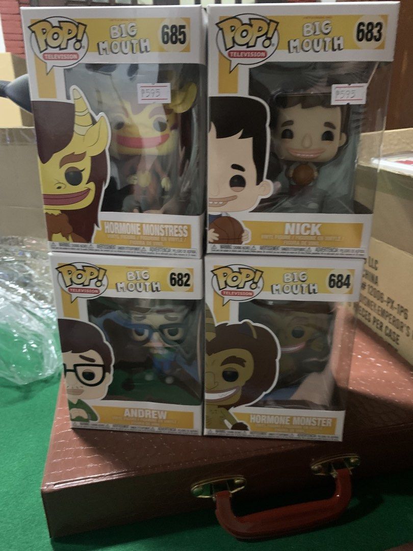 Funko Pop! Big Mouth Vinyl Figures (Category: Designer & Blind Box Toys) located in Manila. Submitted by robertzombie (Listing ID 1434494060, Image 1). Description: - Set of four Big Mouth Funko Pop! figures. - Includes: Hormone Monstress (685), Nick (683), Andrew (682), and Hormone Monster (684). - Each figure is in its original packaging. - Perfect for Big Mouth fans and collectors. - Great for display. 09153896941f1.