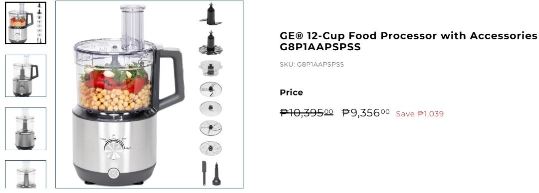 GE 12-Cup Food Processor with Accessories (Category: Other Kitchen Appliances) located in Caloocan City. Submitted by charlie232a66 (Listing ID 1434462692, Image 1). Description: BRAND NEW, pictures are for references only. All items are sealed and has not yet been opened. SRP: ₱ 10,395 Model No: G8P1AAPSPSS You can search for the brand and model for reference. cannot post links here .