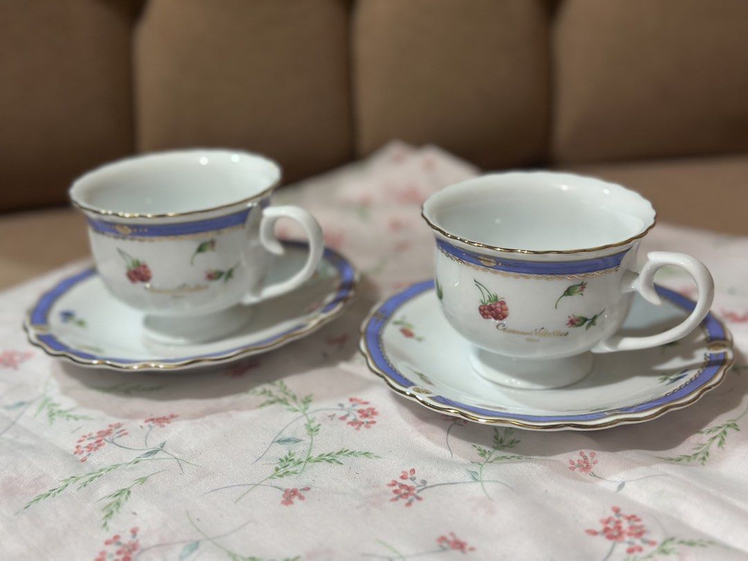 Giovanni Valentino Cup and Saucer Sets (2sets) (Category: Coffee & Tea Tableware) located in Davao. Submitted by favoritepreloved (Listing ID 1434458804, Image 1). Description: 💜 Dimensions: Cup - 8cm diameter, 7cm height Saucer -14cm diameter .