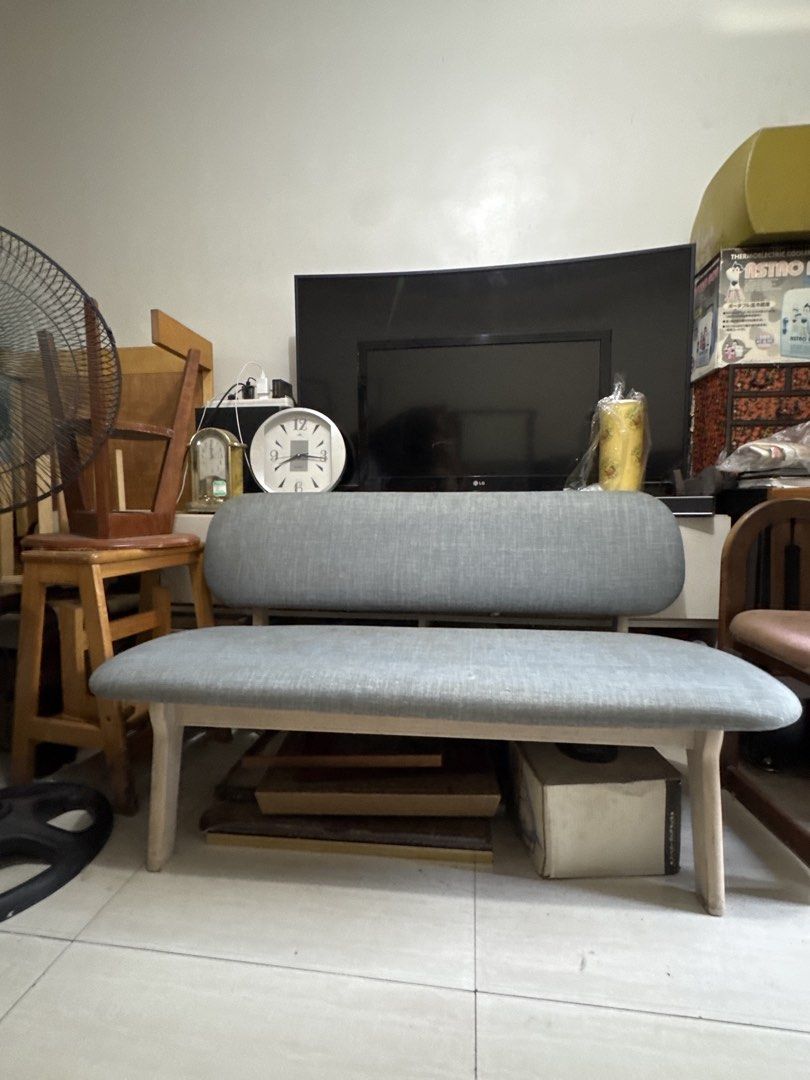 Nitori Grey Fabric 2.5 seater Sofa (Category: Chairs) located in Quezon City. Submitted by elektra0111 (Listing ID 1434389431, Image 3). Description: - Modern bench design - Features a grey fabric seat and backrest - Supported by a light-colored wooden frame - Sturdy and comfortable seating - Ideal for entryways, living rooms, and bedrooms - L 120cm W 60cm HSP 38cm.