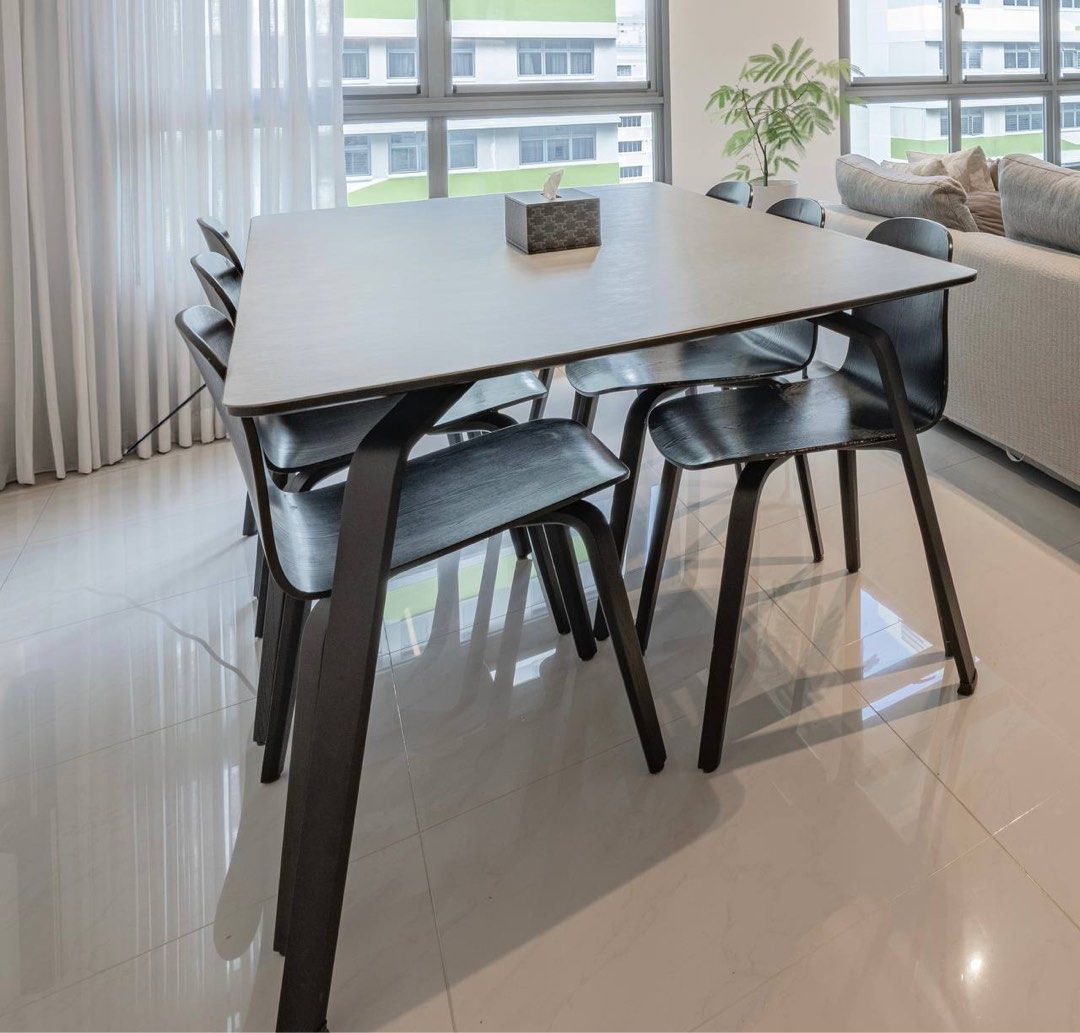 Houe Float Rectangular Metal & Linoleum Table (Category: Tables & Sets) located in Singapore. Submitted by nicky9701 (Listing ID 1431663291, Image 3). Description: - Custom-made Houe Float designer table - Features a rectangular metal frame - Black powder coated metal legs - Linoleum top - Dimensions: L208 x D95 x H74cm (black color) Easily sit up to 8 pax, Very well maintained comes with an additional table mat that we custom made to protect it 