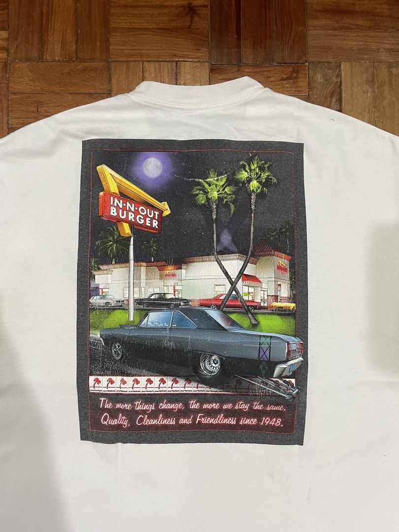 In N Out Shirt (Category: Tshirts & Polo Shirts ) located in Quezon City. Submitted by declutter.studios (Listing ID 1434419137, Image 1). Description: WIDTH (PIT TO PIT): 22.5 LENGTH: 30 MINE - ₱[PRICE] ✨ NOTES: FRONT STAIN, GOOD CONDITION ⚠️ FLAWS: STAIN ON FRONT 🚛 ADDITIONAL SHIPPING FEE 📩 MESSAGE ME FOR MORE DETAILS OR INQUIRIES!.