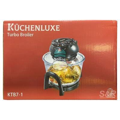 Küchenluxe Turbo Broiler KTB7-1 (Category: Cookware & Accessories) located in Taguig. Submitted by prelovedcloset2 (Listing ID 1434485764, Image 1). Description: - Küchenluxe Turbo Broiler KTB7-1 - 7.0L glass bowl - 60-minute timer - Temperature control up to 250 degrees - Includes low rack and tongs - Ideal for cooking various dishes - Functions: Roasting, baking, and grilling. - Never opened, never used - Retails for 5,700 Helping tags: Imarfle