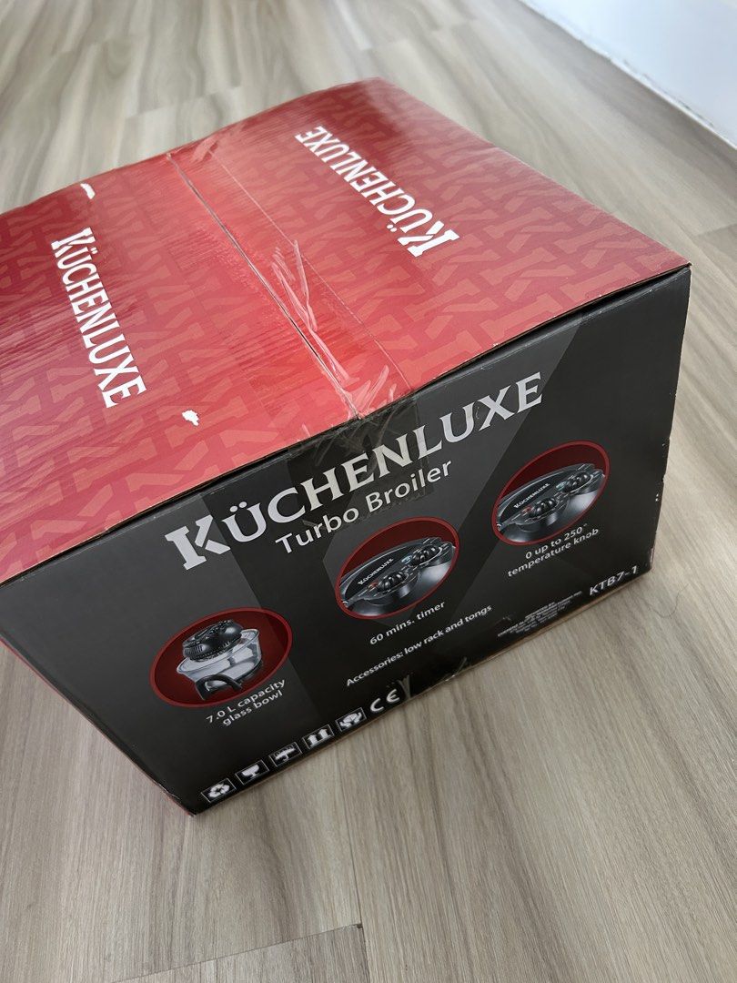 Küchenluxe Turbo Broiler KTB7-1 (Category: Cookware & Accessories) located in Taguig. Submitted by prelovedcloset2 (Listing ID 1434485764, Image 3). Description: - Küchenluxe Turbo Broiler KTB7-1 - 7.0L glass bowl - 60-minute timer - Temperature control up to 250 degrees - Includes low rack and tongs - Ideal for cooking various dishes - Functions: Roasting, baking, and grilling. - Never opened, never used - Retails for 5,700 Helping tags: Imarfle