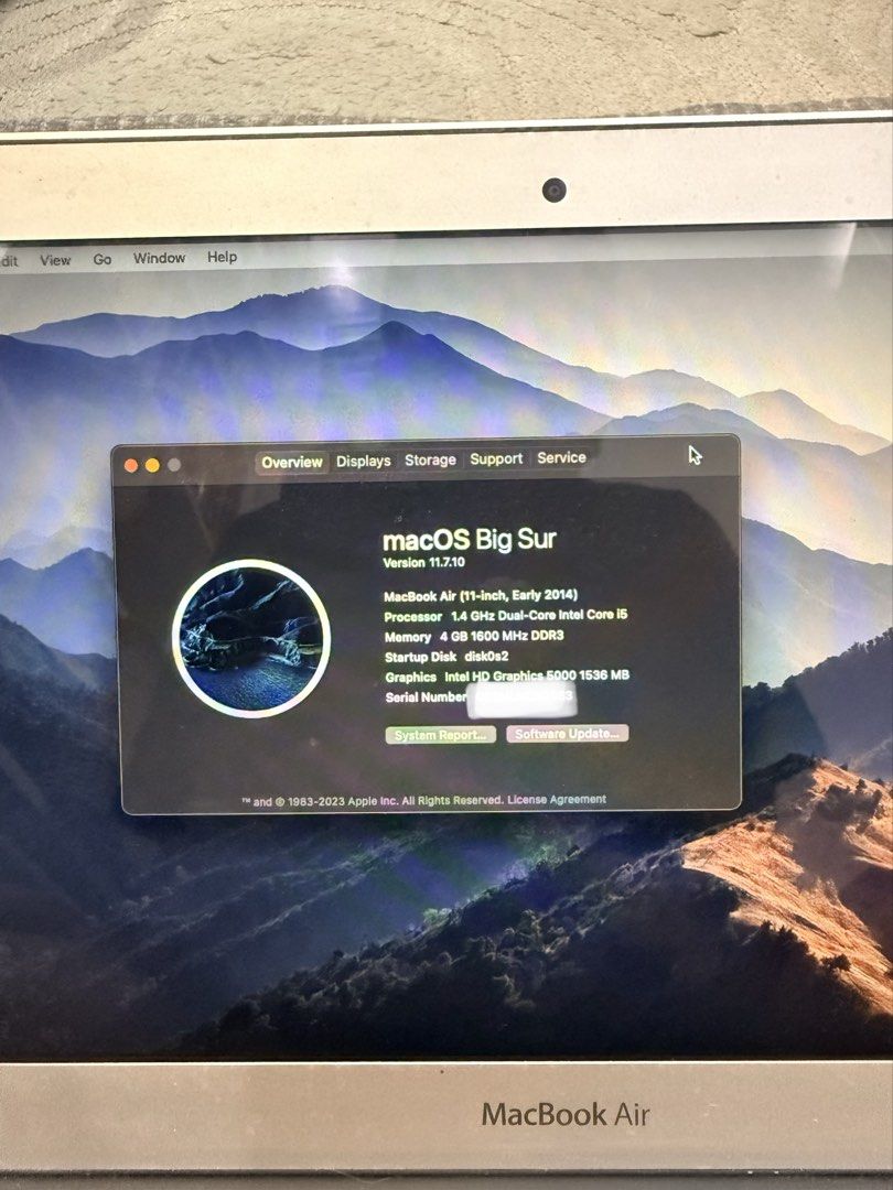 MacBook Air 11-inch Early 2014 (Category: Laptops & Notebooks) located in Caloocan City. Submitted by migkyle.star (Listing ID 1434457528, Image 3). Description: MacBook Air 11-inch Early 2014 Please Read: Available unless marked sold!! Lightweight and reliable laptop, still working smoothly. Perfect for students, browsing, Office apps, or backup device. Specs: • Intel Core i5 • 4GB RAM • 128GB SSD • macOS Big Sur • Battery Condition: Normal (679