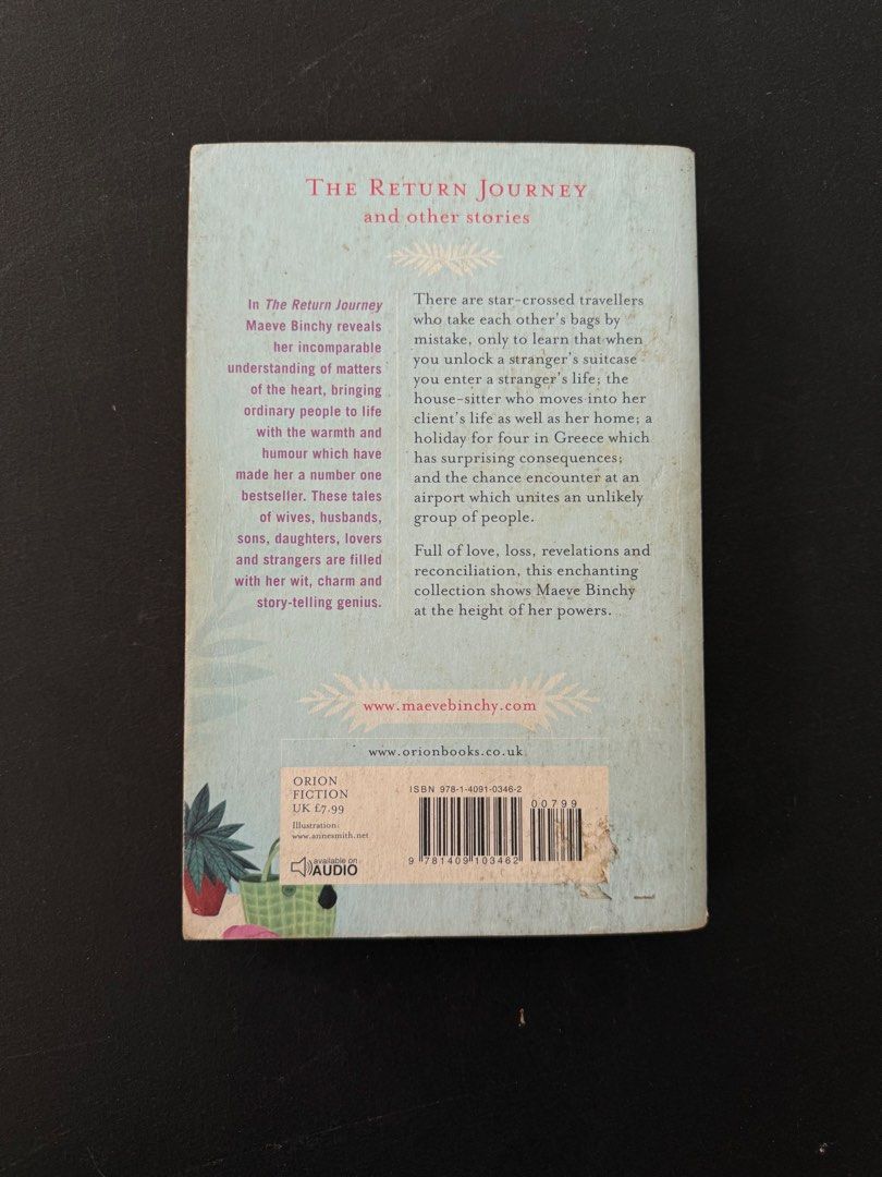Maeve Binchy The Return Journey / Books (Category: Storybooks) located in Balanga. Submitted by julierms (Listing ID 1434601018, Image 2). Description: - 'The Return Journey' by Maeve Binchy - Collection of charming stories - Features tales of star-crossed travelers - Includes stories about a house-sister and a holiday in Greece - Contains an airport encounter story - Filled with wit and engaging storytelling.