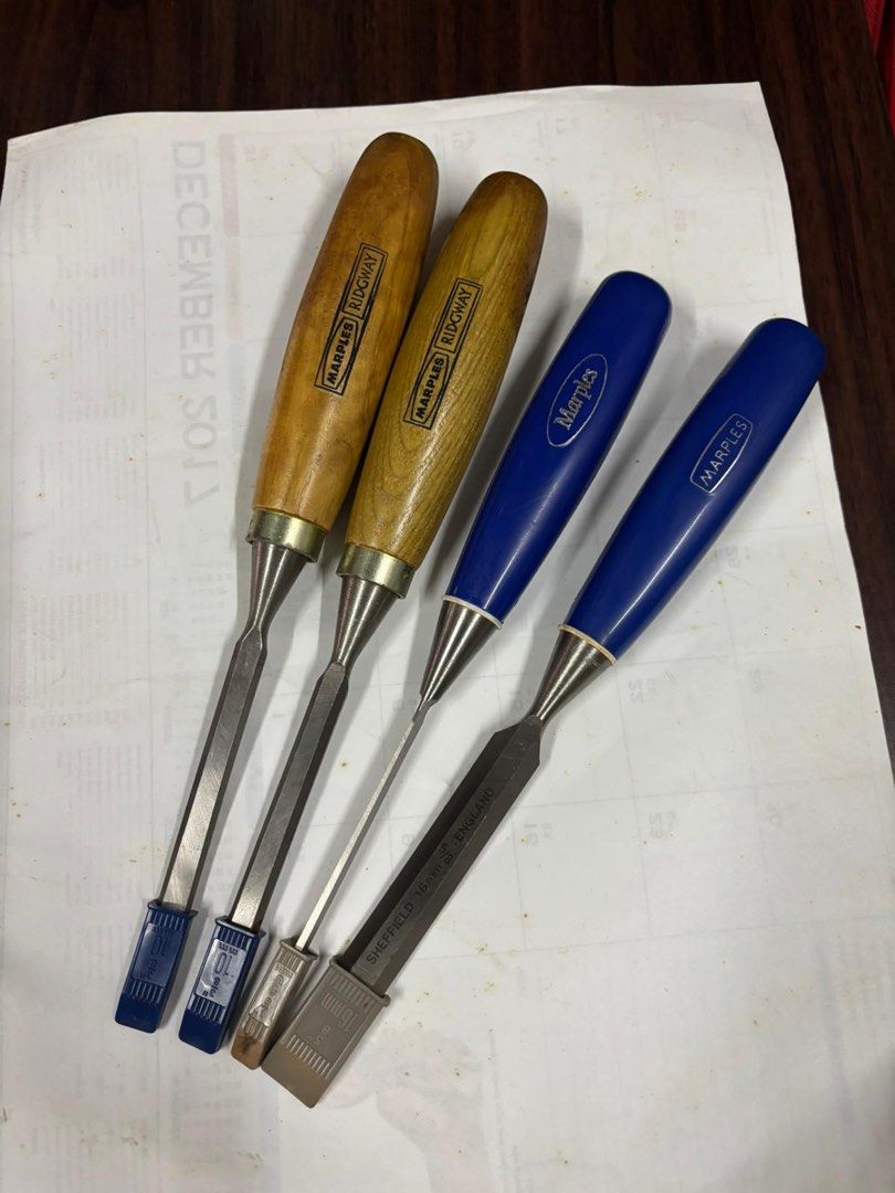 Marples Chisel (Category: Home Improvement Tools & Accessories) located in Singapore. Submitted by pohhoblgdsvc (Listing ID 1434519145, Image 3). Description: - Marples chisels - Various handle designs (wood, blue, orange) - Suitable for woodworking projects - Ready to use First photo: Marples(Ridgway), wooden handle 3/8" 10mm. Each for $18, got 2 piece. Second photo: Marples(Sheffield), plastic handle 1/8" 3mm and 5/8" 16mm. 1/8" 3mm for $15 5/8