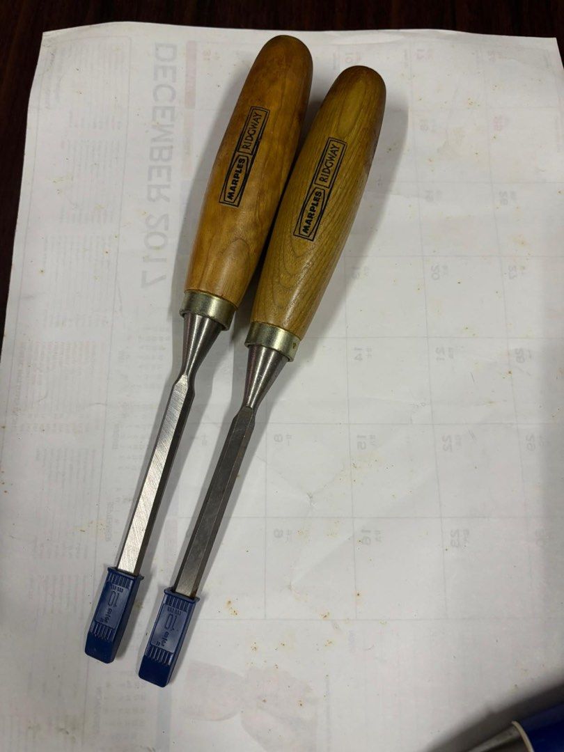 Marples Chisel (Category: Home Improvement Tools & Accessories) located in Singapore. Submitted by pohhoblgdsvc (Listing ID 1434519145, Image 1). Description: - Marples chisels - Various handle designs (wood, blue, orange) - Suitable for woodworking projects - Ready to use First photo: Marples(Ridgway), wooden handle 3/8" 10mm. Each for $18, got 2 piece. Second photo: Marples(Sheffield), plastic handle 1/8" 3mm and 5/8" 16mm. 1/8" 3mm for $15 5/8