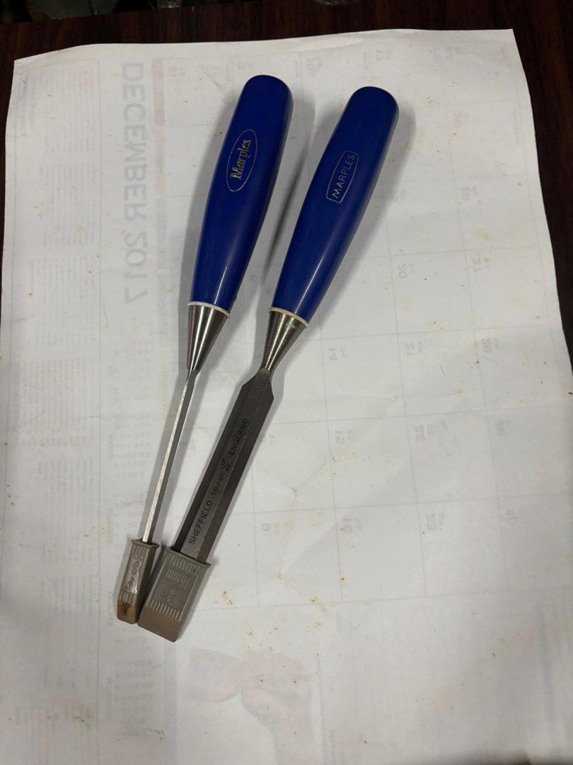 Marples Chisel (Category: Home Improvement Tools & Accessories) located in Singapore. Submitted by pohhoblgdsvc (Listing ID 1434519145, Image 2). Description: - Marples chisels - Various handle designs (wood, blue, orange) - Suitable for woodworking projects - Ready to use First photo: Marples(Ridgway), wooden handle 3/8" 10mm. Each for $18, got 2 piece. Second photo: Marples(Sheffield), plastic handle 1/8" 3mm and 5/8" 16mm. 1/8" 3mm for $15 5/8
