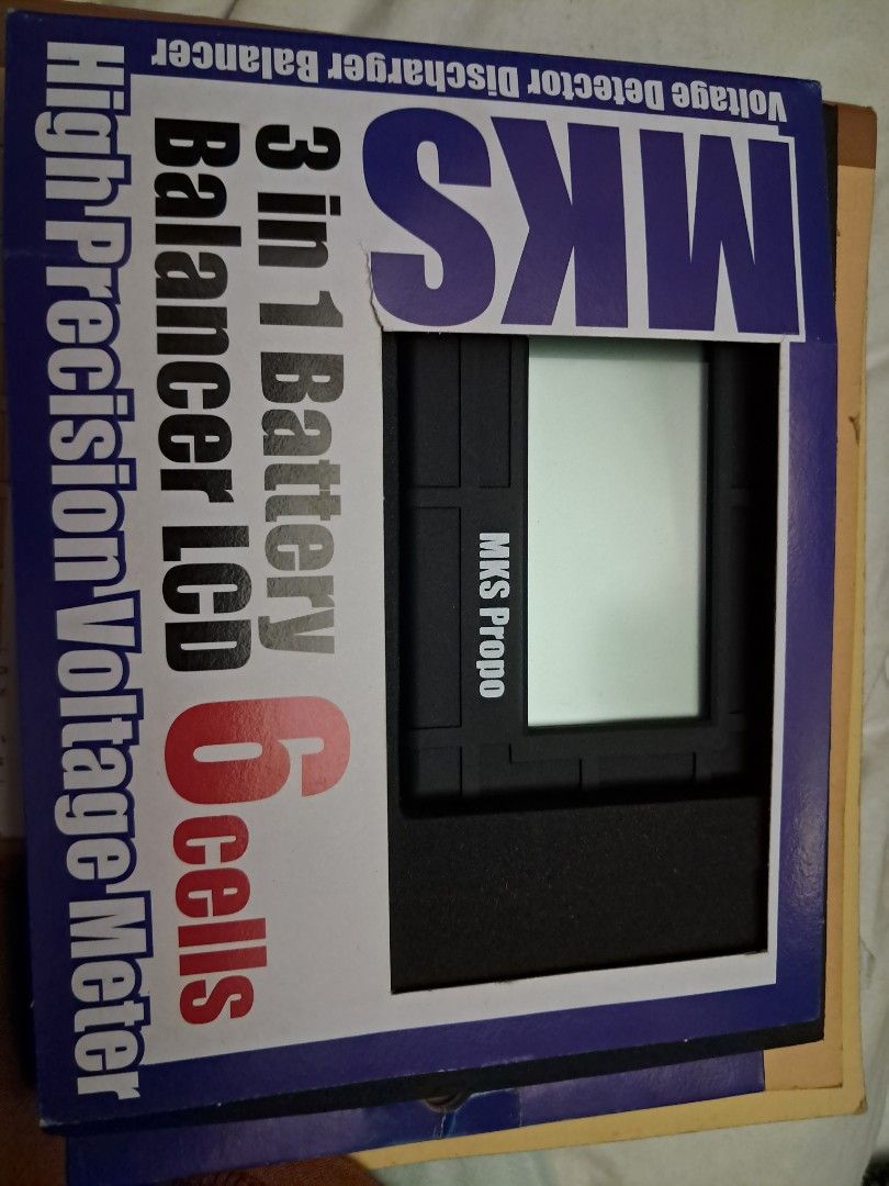 MKS Propo 3-in-1 Battery Balancer Voltage Meter (Category: Electrical, Adaptors & Sockets) located in Davao. Submitted by rbjuvyreyn18879 (Listing ID 1434389390, Image 2). Description: - MKS Propo 3-in-1 Voltage Meter - Functions: Battery Balancer, LCD Display, High-Precision Voltage Meter - Compatible with 6-cell batteries - Features: Voltage Detector and Discharger - Brand new, in original packaging.
