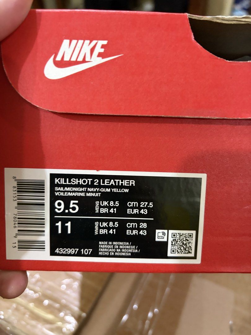 Nike Killshot 2 Leather Sail Midnight Navy Gum Yellow (Category: Sneakers) located in Quezon City. Submitted by crispgoods (Listing ID 1434568430, Image 2). Description: -price negotiable - Nike Killshot 2 Leather sneakers - Colorway: Sail/Midnight Navy/Gum Yellow - Size: US 9.5, UK 8.5, EUR 43 - Features leather upper and suede overlays - Gum rubber outsole - Comes with original box.