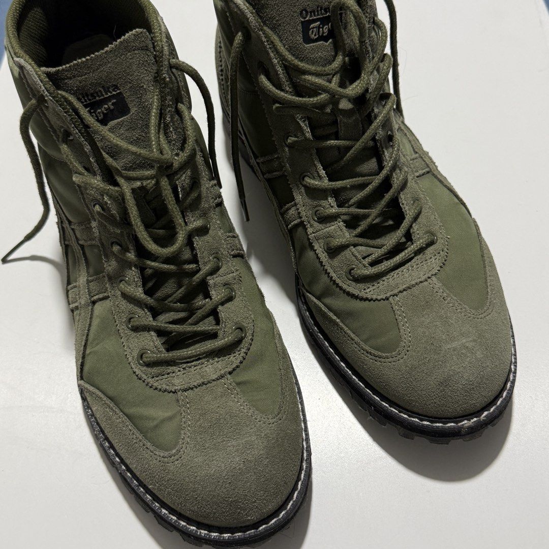 Onitsuka Tiger Mexico Rinkan US 8.5 (Category: Boots) located in San Juan City. Submitted by sheenabels (Listing ID 1434459645, Image 1). Description: - Olive green Onitsuka Tiger boots - Size: US 8.5 / EUR 42 - Material: Suede and nylon - Design: Lace-up - Sole: Thick black - Iconic Onitsuka Tiger stripes.