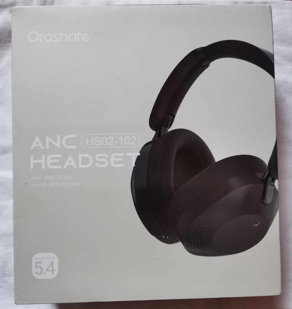 Orashare ANC HS02-102 Headset (Category: Headphones & Headsets) located in Baguio. Submitted by c0lby3 (Listing ID 1434433047, Image 1). Description: - Orashare ANC HS02-102 Bluetooth 5.4 Headset - Color: Black - Features Active Noise Cancellation (ANC) with one-click noise reduction - Comfortable cushioned earcups - Foldable design for easy storage - Includes carrying case and charging cable.
