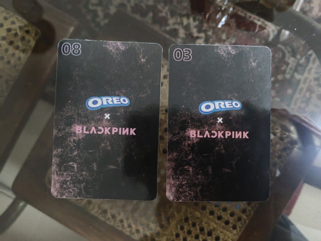 Oreo x Blackpink Trading Cards / TAKE ALL (Category: K-Wave Merchandise) located in Manila. Submitted by tyrapple (Listing ID 1434448178, Image 2). Description: - Oreo x Blackpink trading cards - Features Lisa and Jennie - Includes multiple cards with different images - Oreo x Blackpink branding on the back - Each card has a unique number - Perfect for Blackpink fans!.