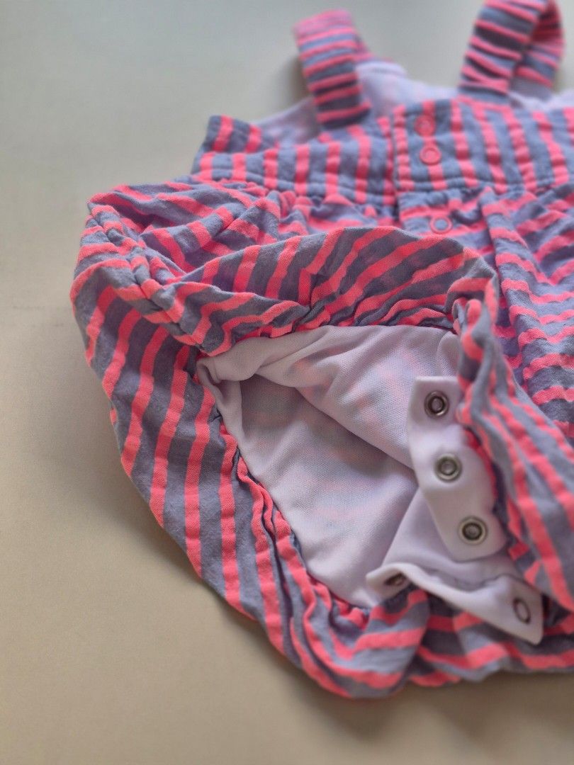 Preloved Striped Baby Romper with Bow (Category: Babies & Kids Fashion) located in Quezon City. Submitted by andi7810 (Listing ID 1434432189, Image 3). Description: - 3mos - Adorable baby romper - Pink and gray striped pattern - Cute bow detail - Snap closures for easy changes - Comfortable design with straps - Perfect for your little one!.