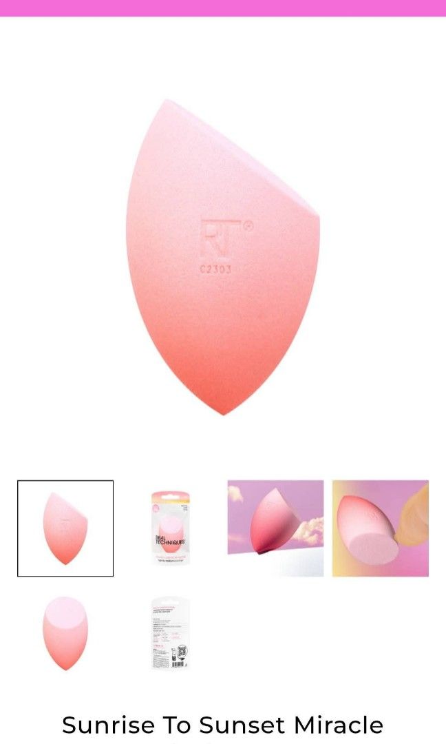 Real Techniques Miracle Complexion Sponge (Category: Makeup) located in Quezon City. Submitted by floreskari78555 (Listing ID 1434433606, Image 2). Description: Real Techniques Miracle Complexion Sponge✨️❤️ ✨ Grab this LIMITED EDITION "Sunrise to Sunset" color! ✨ ​Get that flawless, dewy glow! This famous blending sponge makes makeup application so easy. It's perfect for all your favorite liquid and cream foundations, skin tints, blushes, and bro