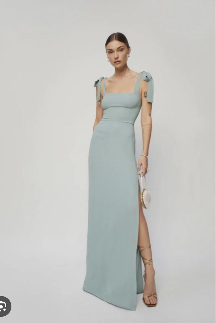 Reformation Westerly Green Maxi Dress (Category: Dresses) located in Makati City. Submitted by bibas.corner (Listing ID 1434557963, Image 1). Description: - Reformation maxi dress - Size 8, best fit for medium - Light green color - Square neckline - Tie straps - High slit on one side - Shirred back panel - Zipper closure.