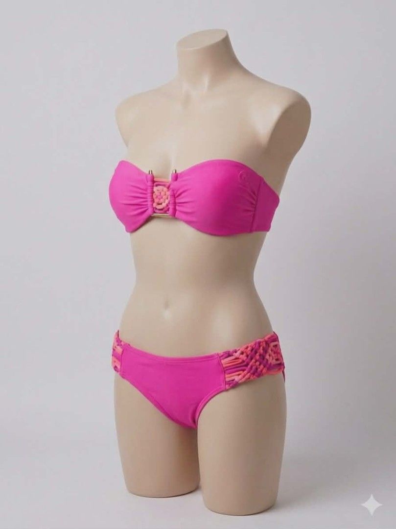 Rip Curl Macramé Bikini Set - Fuchsia Pink (Category: Bikinis & Swimsuits) located in Bacolod City. Submitted by maraline (Listing ID 1432815753, Image 1). Description: ​Brand: Rip Curl ​Size: Tagged as a Size 6 (Fits XS-SMALL) ​Fabric: 80% Polyamide, 20% Lycra (Standard high-quality swimwear stretch). ​Design: Bandeau-style top with macramé center and side detailing; cheeky/standard bottoms with matching macramé hip straps and a "scrunch butt" (