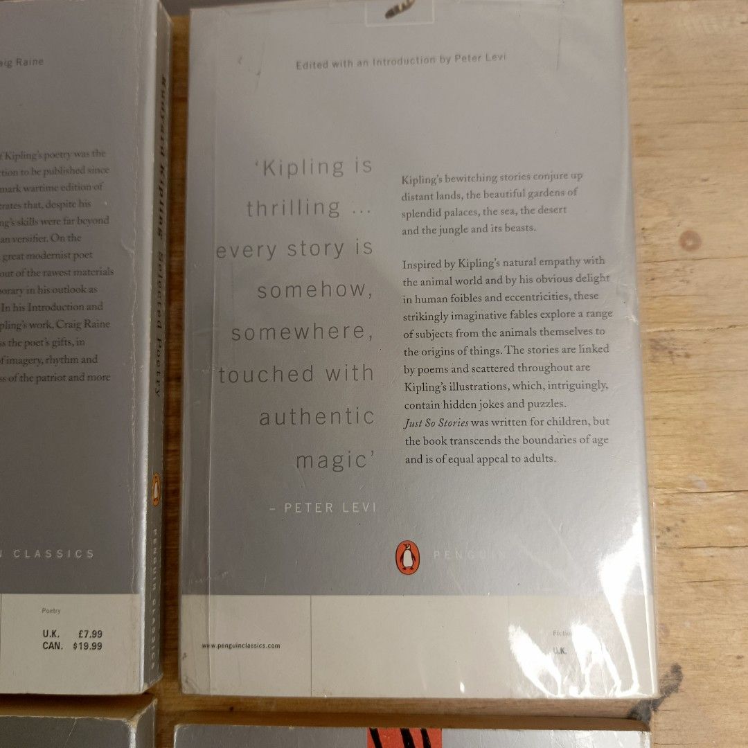 Rudyard Kipling Penguin Classics Books (Category: Storybooks) located in Manila. Submitted by shelfenjoyment (Listing ID 1434561820, Image 3). Description: 349 to 549 each. Take all for 1000 pesos. Set of four Rudyard Kipling books from the Penguin Classics series. Includes "Selected Poetry", "Just So Stories", "Kim", and "The Jungle Play". The books feature various cover designs and are in English. Perfect for literature enthusiasts and collecto