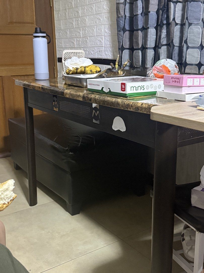 Sanyang 6 seater Dinning Table (Category: Tables & Sets) located in Quezon City. Submitted by ssaysanyan (Listing ID 1434557508, Image 1). Description: - Sanyang Dark brown table - Marble-liked - Suitable for dining or workspace - Sturdy and functional - There are some damages but still serves it purpose.