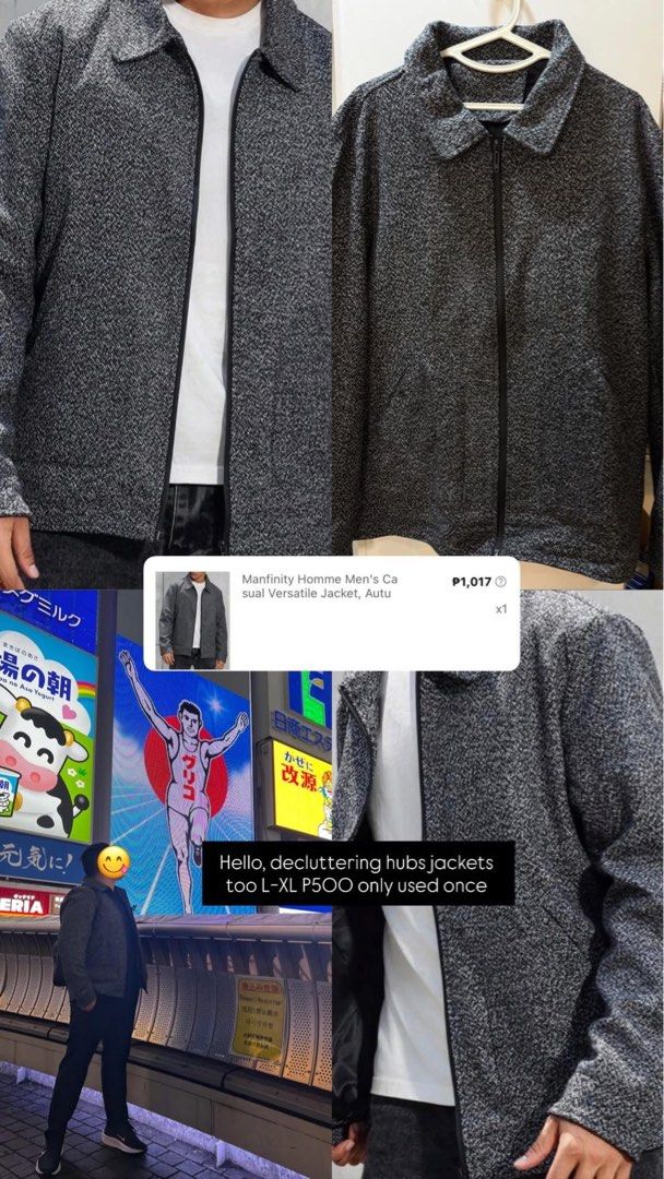 SHEIN MENS JACKET (Category: Coats, Jackets and Outerwear) located in Makati City. Submitted by anndly (Listing ID 1434488058, Image 1). Description: - Manfinity Homme jacket - Size: L-XL - Color: Dark Grey - Condition: Like new (worn once) - Features: Zipper closure, collar - Perfect for layering.