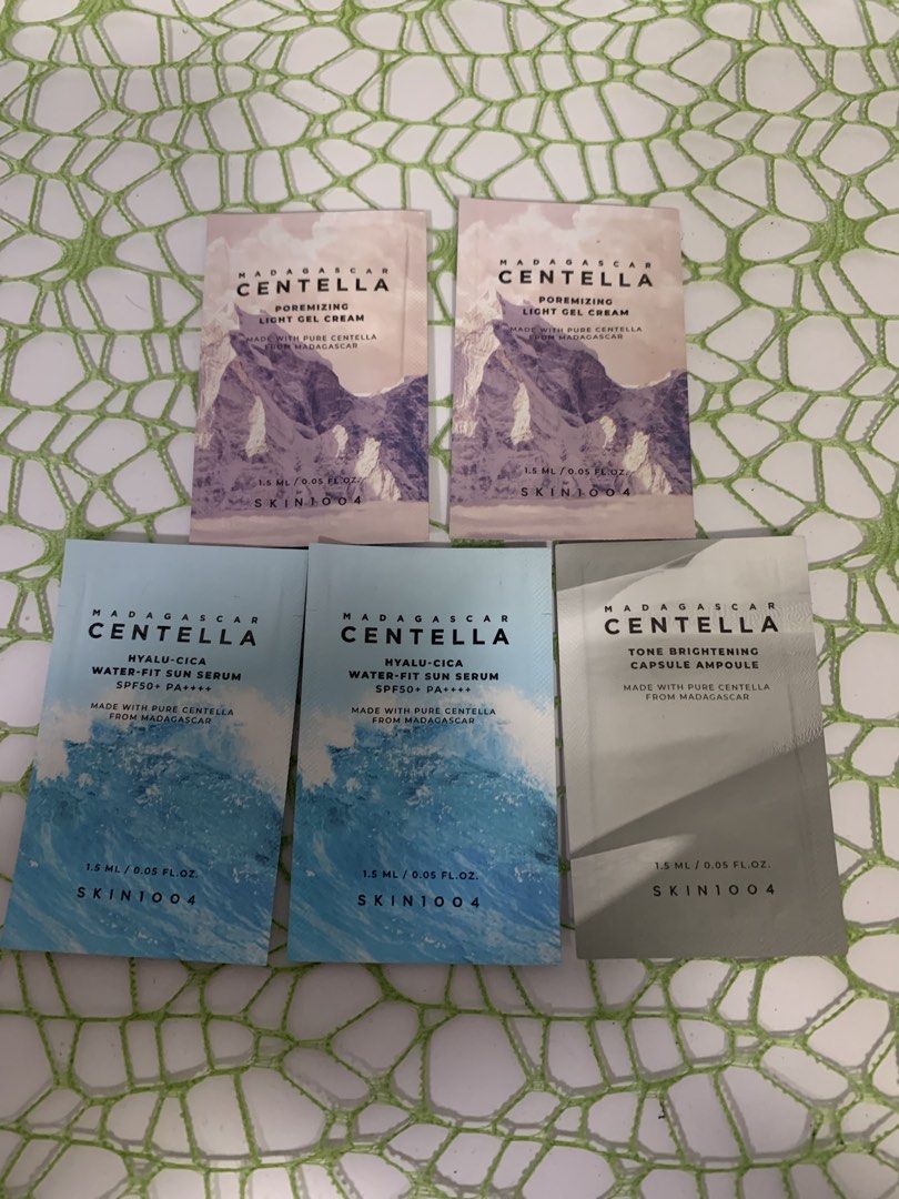 Skin1004 Madagascar Centella Skincare Samples (Category: Face Care) located in Makati City. Submitted by newandlovedco. (Listing ID 1434582559, Image 1). Description: - Skin1004 Madagascar Centella Samples - Includes: - Poreminizing Light Gel Cream - Hyalu-Cica Water-Fit Sun Serum SPF50+ PA++++ - Tone Brightening Capsule Ampoule - Sample Size: 1.5 ml / 0.05 fl. oz. each - Expiration Dates: 2028-2030 - Selling as Bundle.