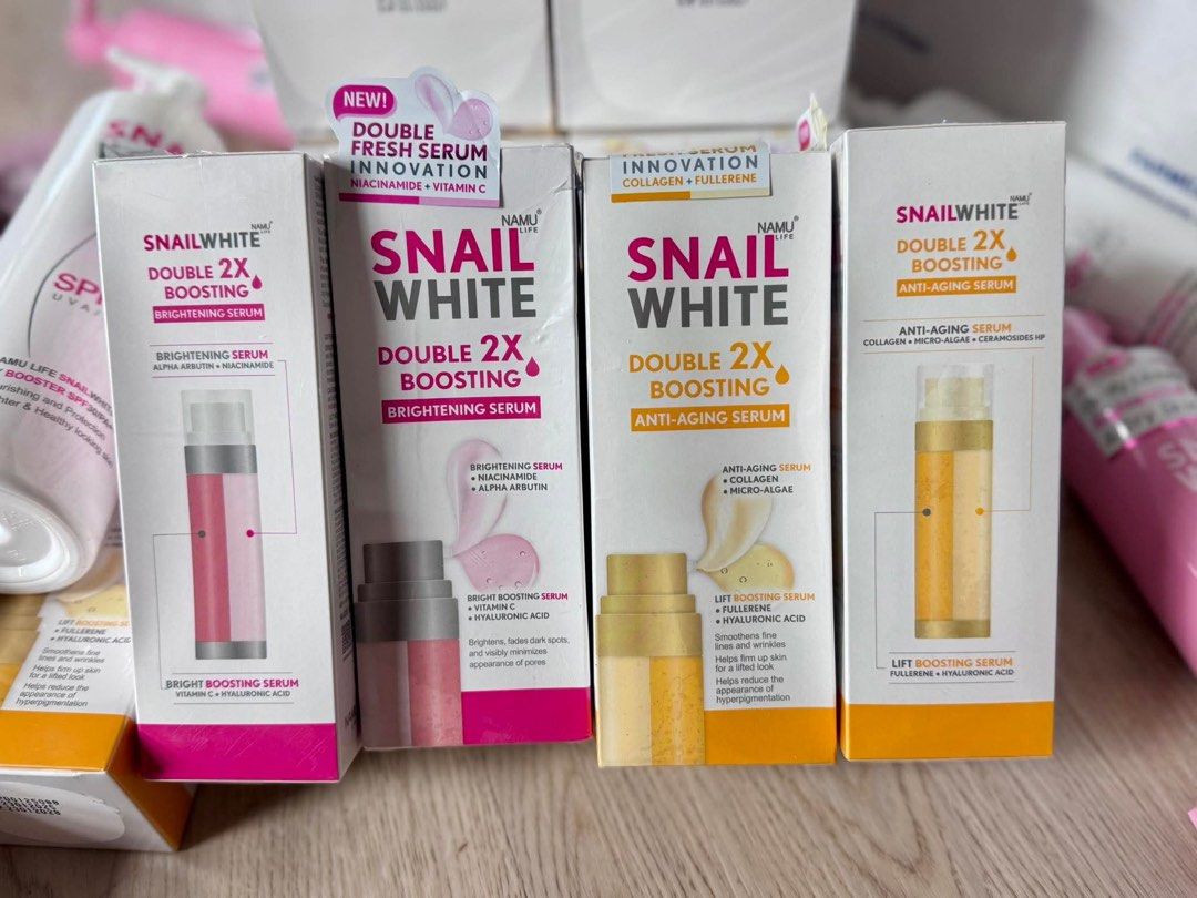 snail white serum (Category: Luxury Apparel) located in Muntinlupa City. Submitted by chevyxcs (Listing ID 1434502217, Image 1). Description: pink - 4pcs avail gold - 8pcs avail open for takeall.