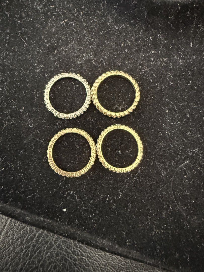 Stackable Rings Set (Category: Rings) located in Bulacan. Submitted by emjay_17 (Listing ID 1434483996, Image 1). Description: - Stackable ring set - Includes: 2 gold-toned rope rings, 2 silver-toned studded rings - Versatile: Wear individually or stacked - Standard size - Suitable for everyday wear.
