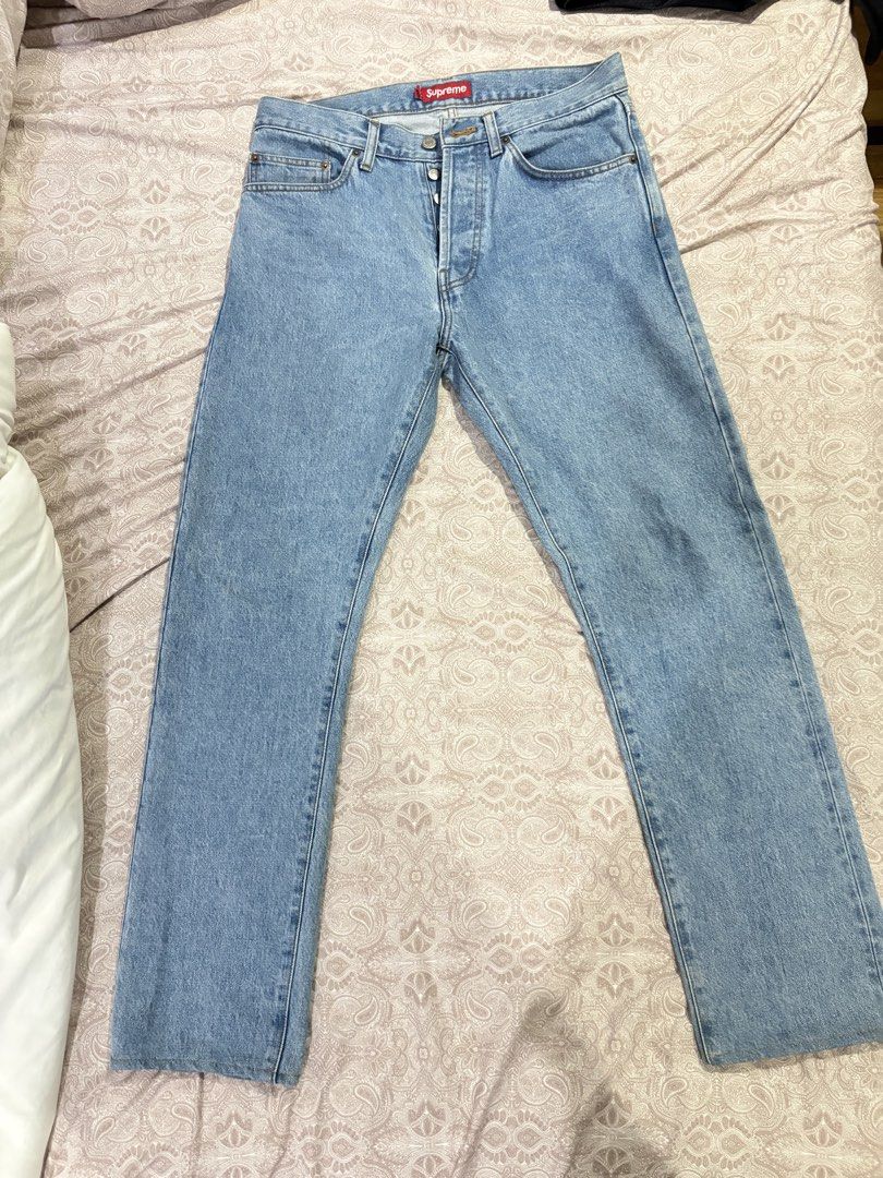 Supreme selvedge stonewashed jeans (Category: Jeans) located in Marikina City. Submitted by surity99 (Listing ID 1434495419, Image 1). Description: - Supreme slim fit jeans - stonewashed - Size 30 - Button fly - Red Supreme tag - Leather patch with Supreme logo - Made in Japan - Red selvedge detail - Material: 100% cotton, cow leather patch Waist 16 in Rise 11 in Inseam 29 in (chainstitch hemmed) Hem width 7.9 in.