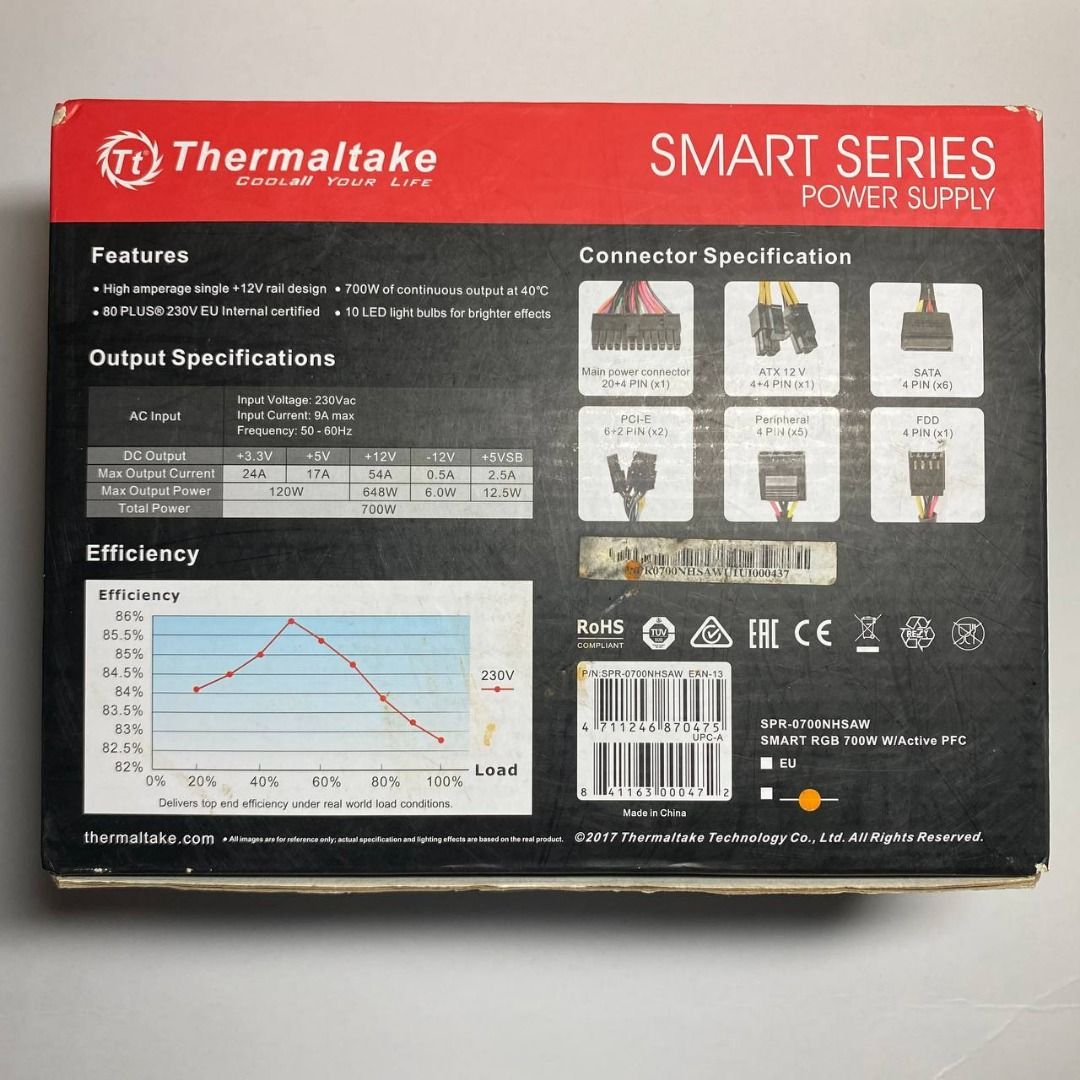 Thermaltake Smart RGB 700W PC Power Supply unit (Category: Computer Parts) located in Manila. Submitted by miffystuffy (Listing ID 1434596601, Image 2). Description: - 80 plus Certified: deliver up to 87% efficiency to Promise Low power losses. - Patented RGB LED fan: adopts 10 LED light Bulbs to enhance the brightness and spawn an advanced user experience in the world of illumination. - One button to 15 lighting modes: with RGB lighting button, 
